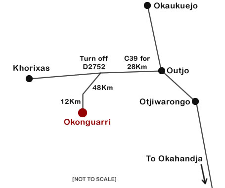 Route map showing the gravel road approach to Okonguarri from the C39 via the D2752